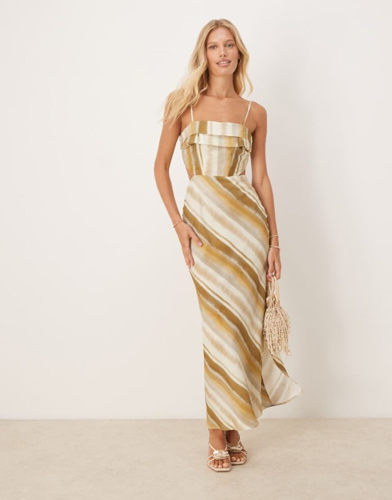 ASOS DESIGN folded bust detail cut out midi slip dress in stripe print-Multi