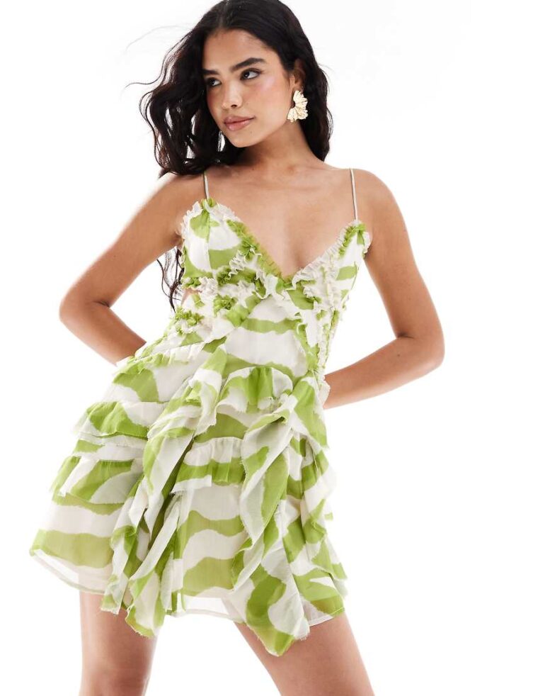 ASOS DESIGN frill detail cut out cami in dress in green zebra print-Multi