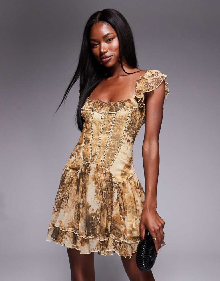 ASOS DESIGN frill mini dress with corset drop waist detail in animal print-Multi