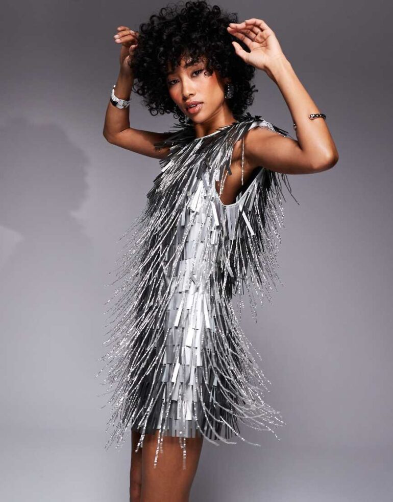 ASOS DESIGN fringe embellished padded shoulder mini dress in silver