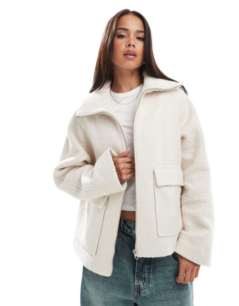 ASOS DESIGN funnel neck cosy pocket detail jacket in oatmeal-Neutral