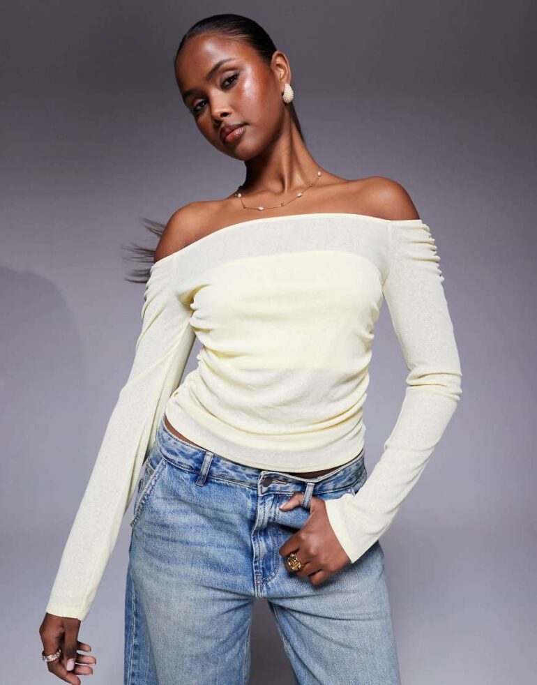 ASOS DESIGN gathered off the shoulder mesh top in pastel yellow-Pink