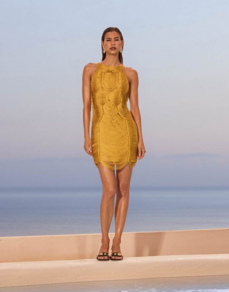 ASOS DESIGN halter draped fringe mini dress in chartreuse-Yellow