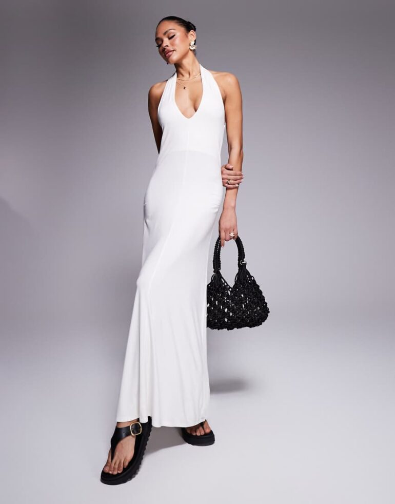 ASOS DESIGN halter maxi dress in cream-White