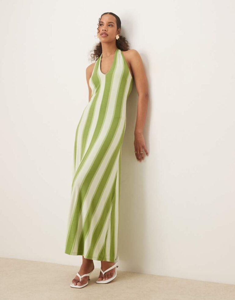 ASOS DESIGN halter maxi dress in green stripe-Multi