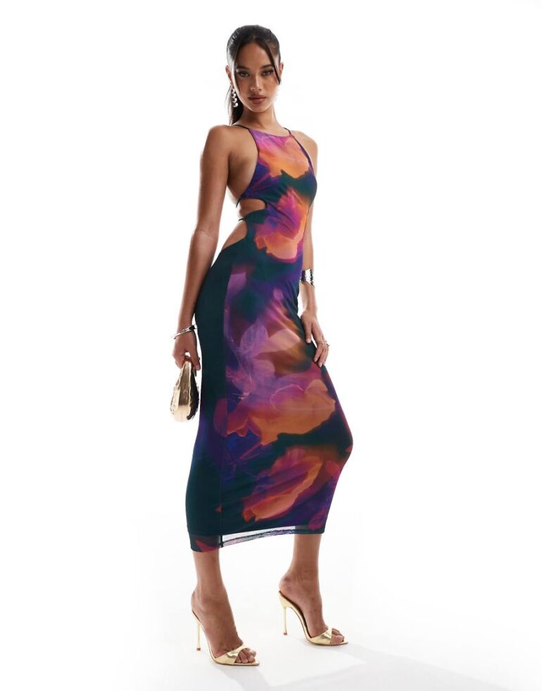 ASOS DESIGN halter midi dress with extreme cut out back detail in bright floral-Multi