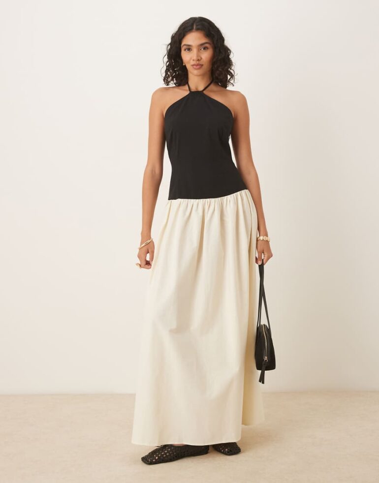 ASOS DESIGN halter neck dropped waist maxi in black and white colourblock-Multi