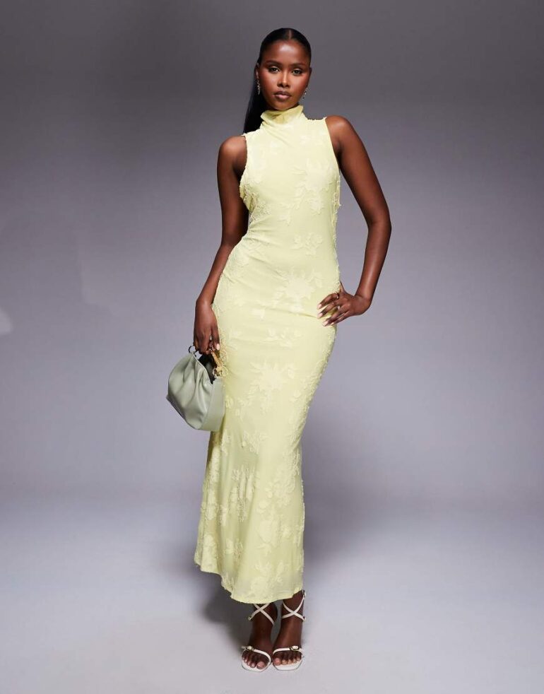 ASOS DESIGN halter neck with open back with drape detail devore maxi dress in yellow