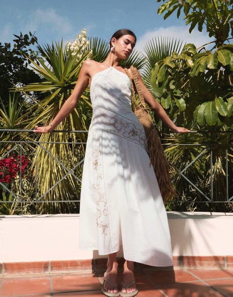 ASOS DESIGN halter tonal spliced maxi dress with asymmetric panel in ivory-White