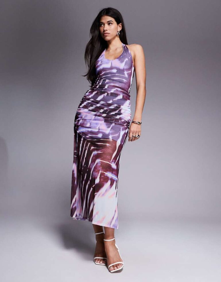 ASOS DESIGN halter with ruching mesh maxi dress in abstract zebra print-Multi
