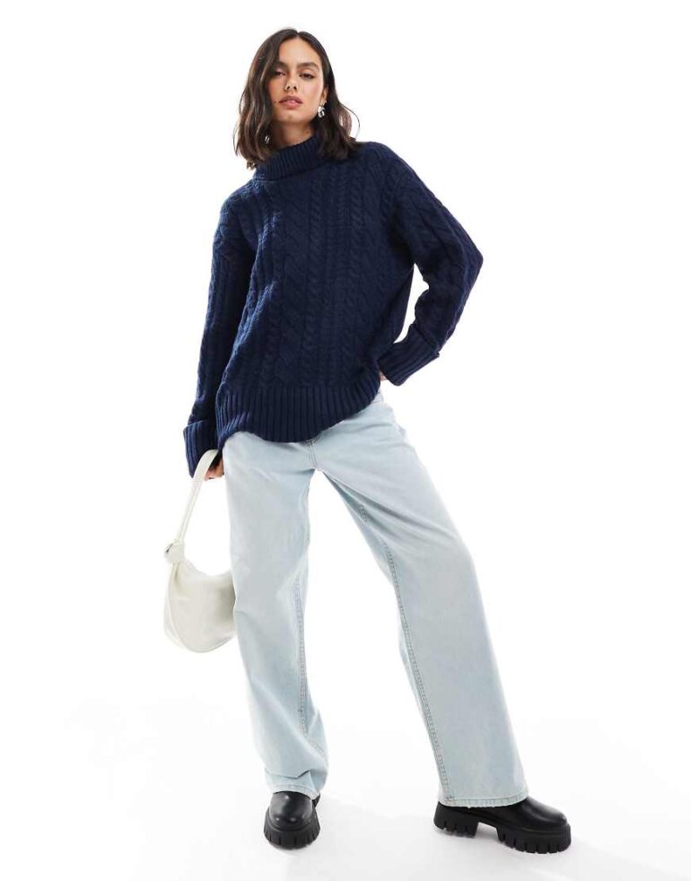 ASOS DESIGN high neck cable jumper in navy