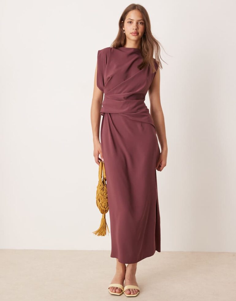 ASOS DESIGN high neck drapey pleated midi dress in mulberry-Purple