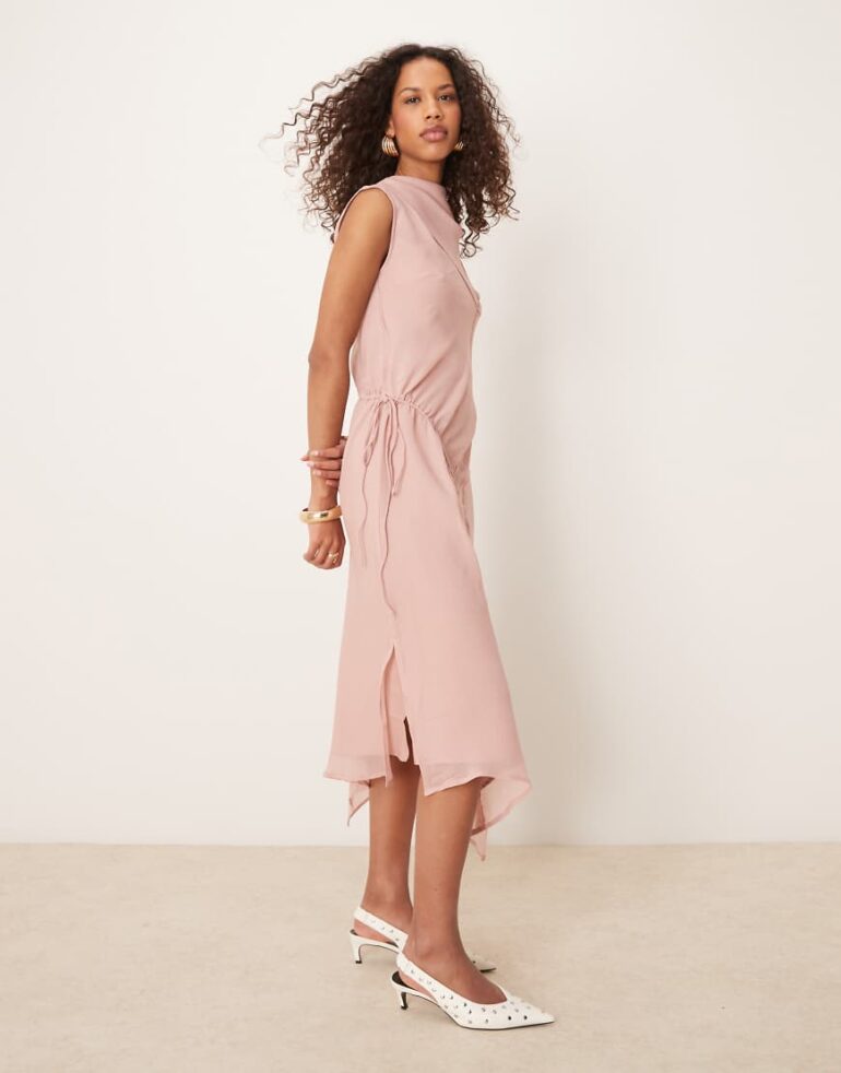 ASOS DESIGN high neck midi dress with seam details in dusky pink