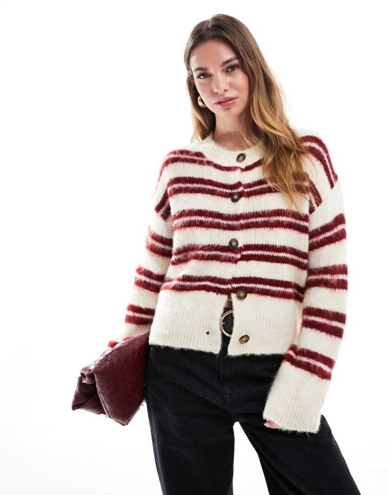 ASOS DESIGN knitted crew neck cardigan in stripe-Multi