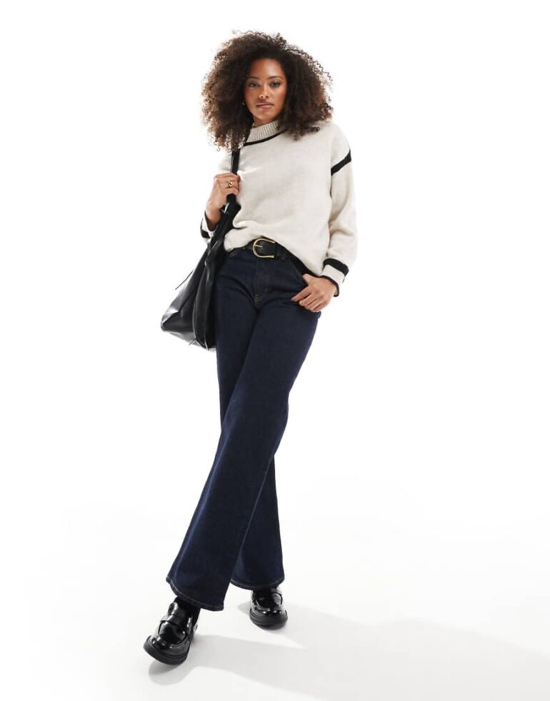 ASOS DESIGN knitted jumper with contrast seams in oatmeal-White