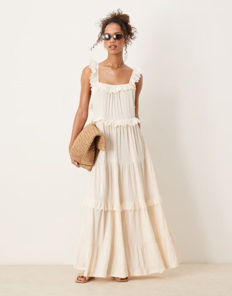 ASOS DESIGN lace insert ruffle tiered swing maxi dress in white