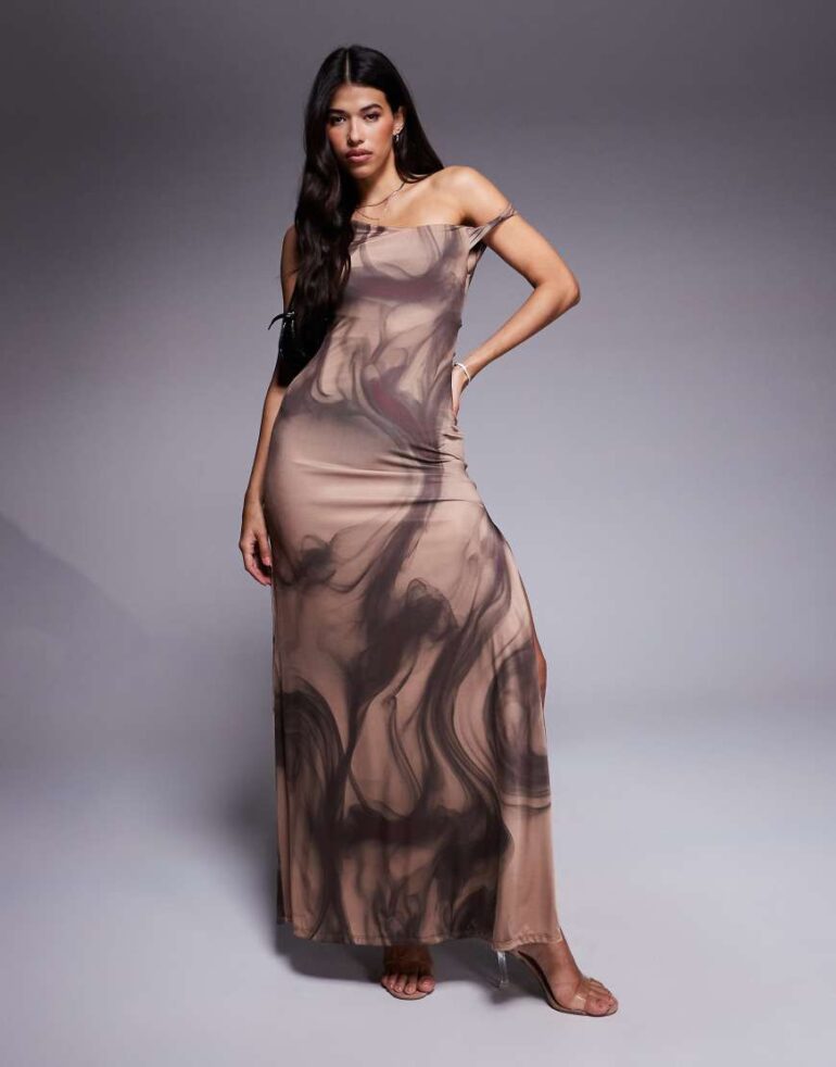 ASOS DESIGN lace up back maxi dress in brown swirl print-Multi