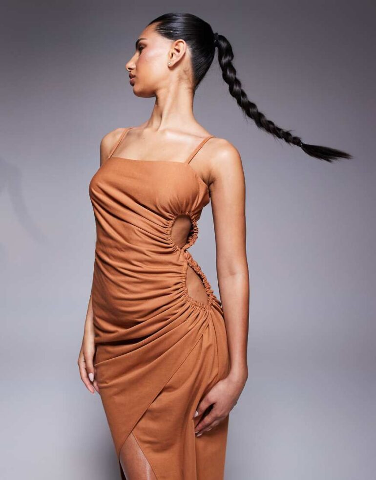 ASOS DESIGN linen look drapey cami midi dress with channelled cut out detail in rust-Red