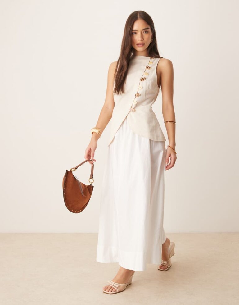 ASOS DESIGN linen look waistcoat maxi dress with poplin skirt in stone and white-Multi
