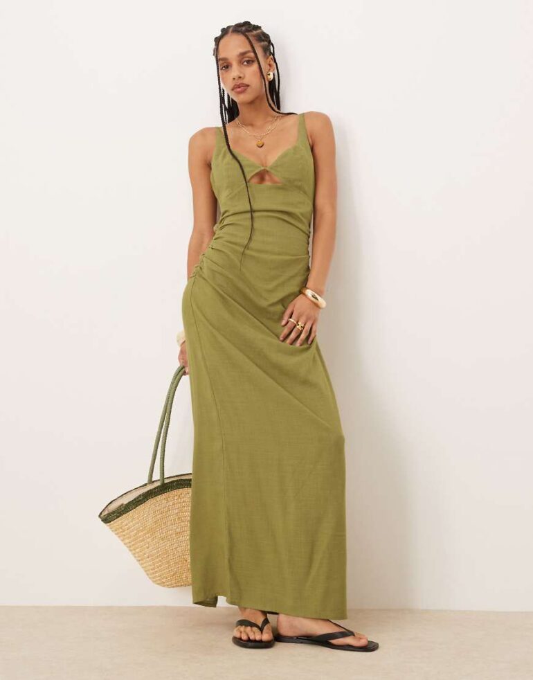 ASOS DESIGN linen maxi sundress with bralet cut out in olive-Green