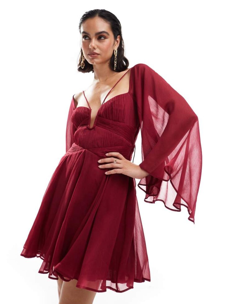 ASOS DESIGN long sleeve mini dress with godets in burgundy-Red