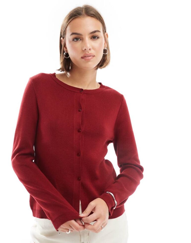 ASOS DESIGN longline cardigan in burgundy-Red