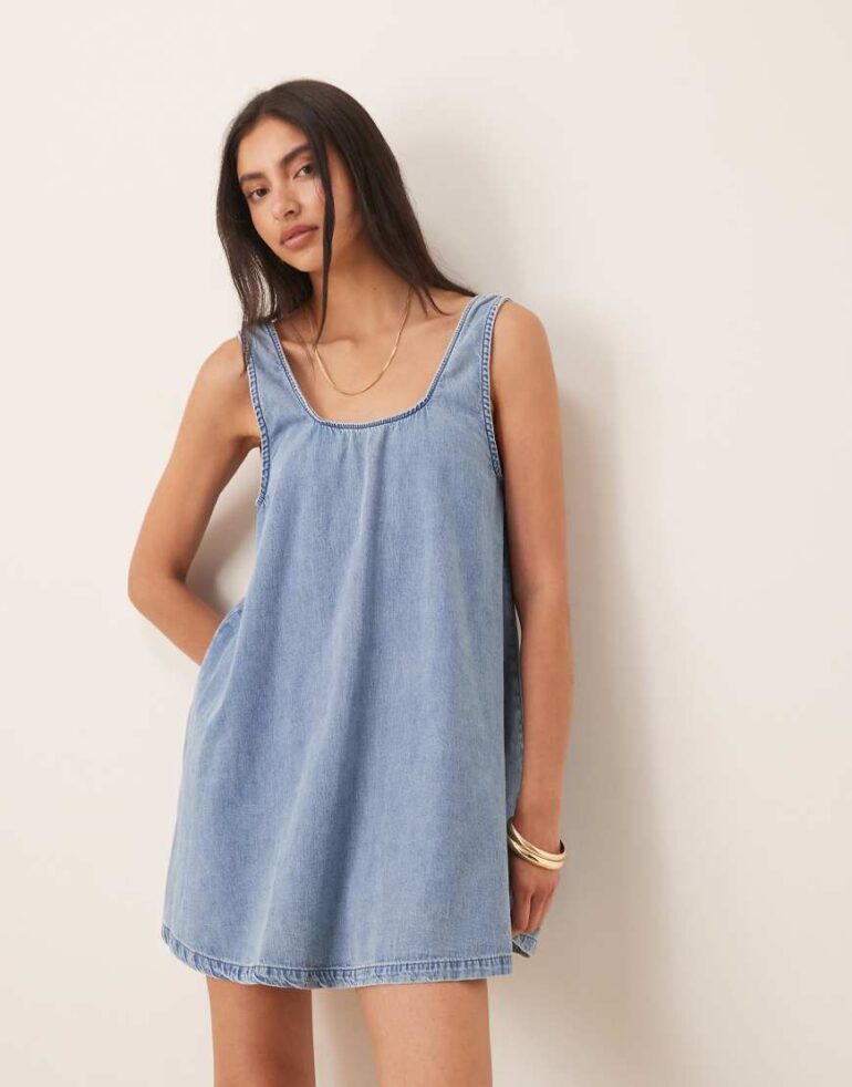 ASOS DESIGN low back scoop neck dress in lightwash blue