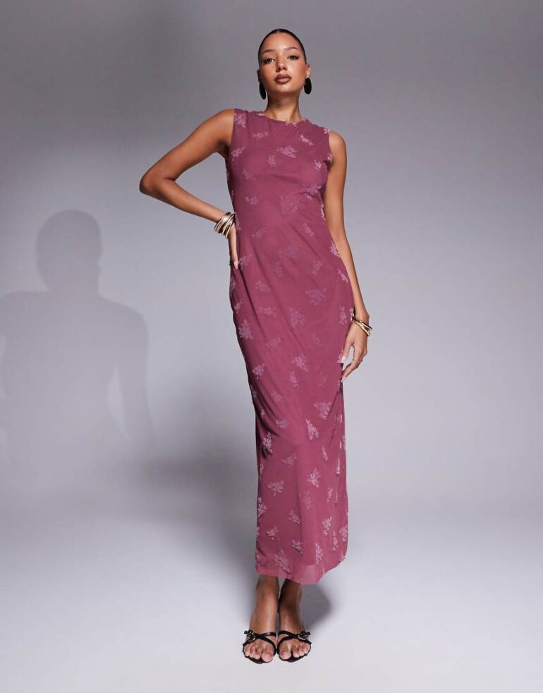 ASOS DESIGN maxi burn out floral grown on neck column dress in dusky pink
