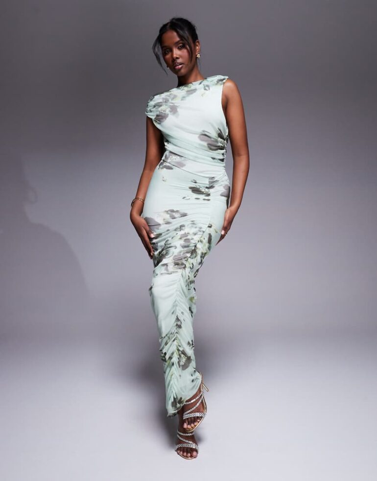 ASOS DESIGN mesh asymmetric neck off shoulder ruched maxi dress in green floral print-Multi