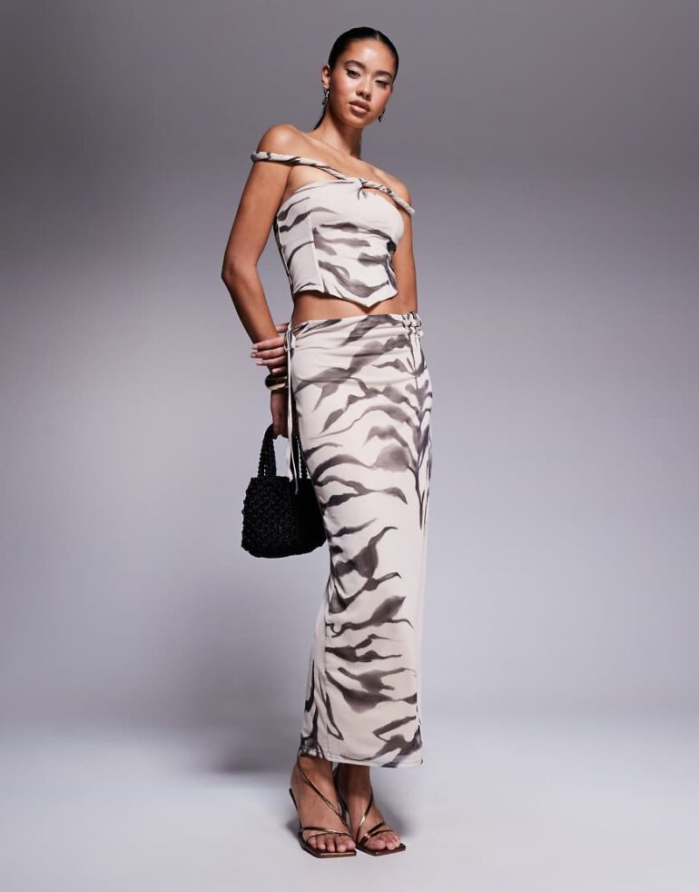 ASOS DESIGN mesh bardot faux-ord with twisted straps maxi dress in zebra print-Multi