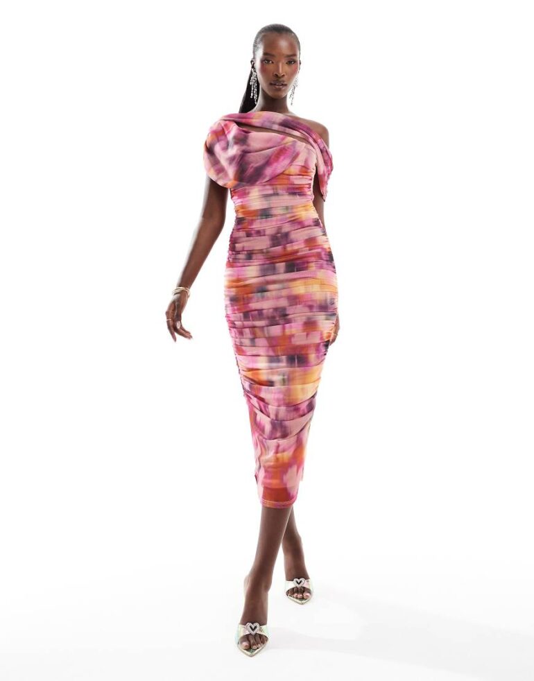 ASOS DESIGN mesh bardot ruched midi dress in blurred pink print-Multi