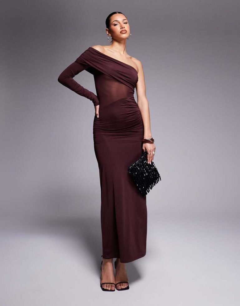 ASOS DESIGN mesh cut out one shoulder maxi dress in brown