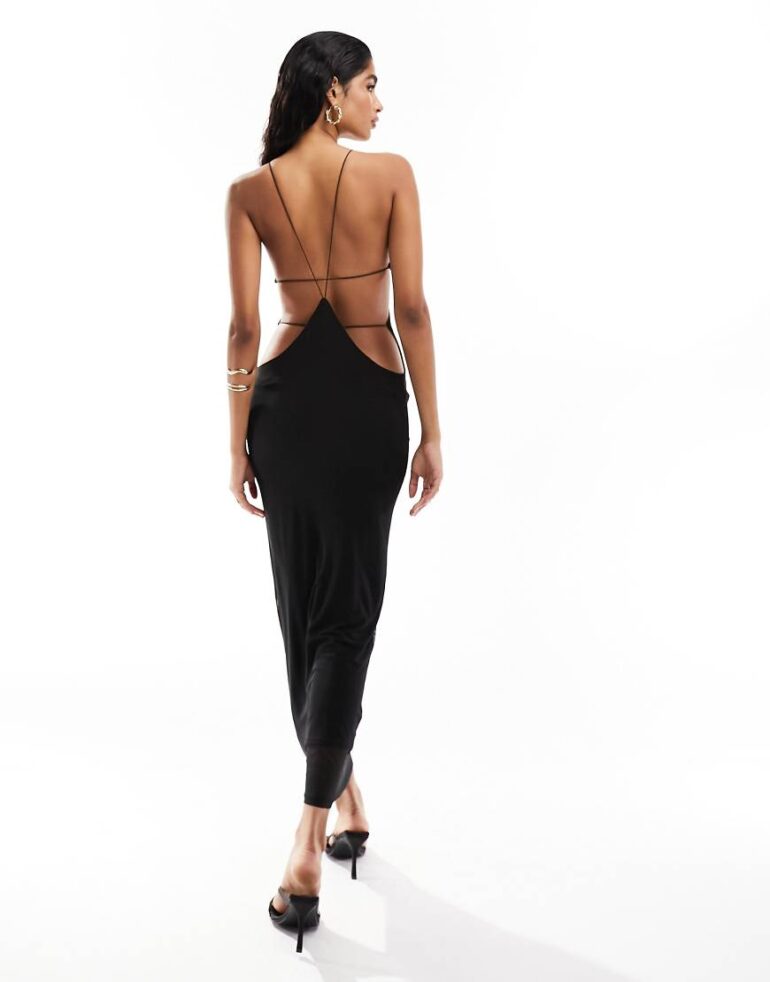 ASOS DESIGN mesh halter maxi dress with extreme cut out back detail in black-Multi