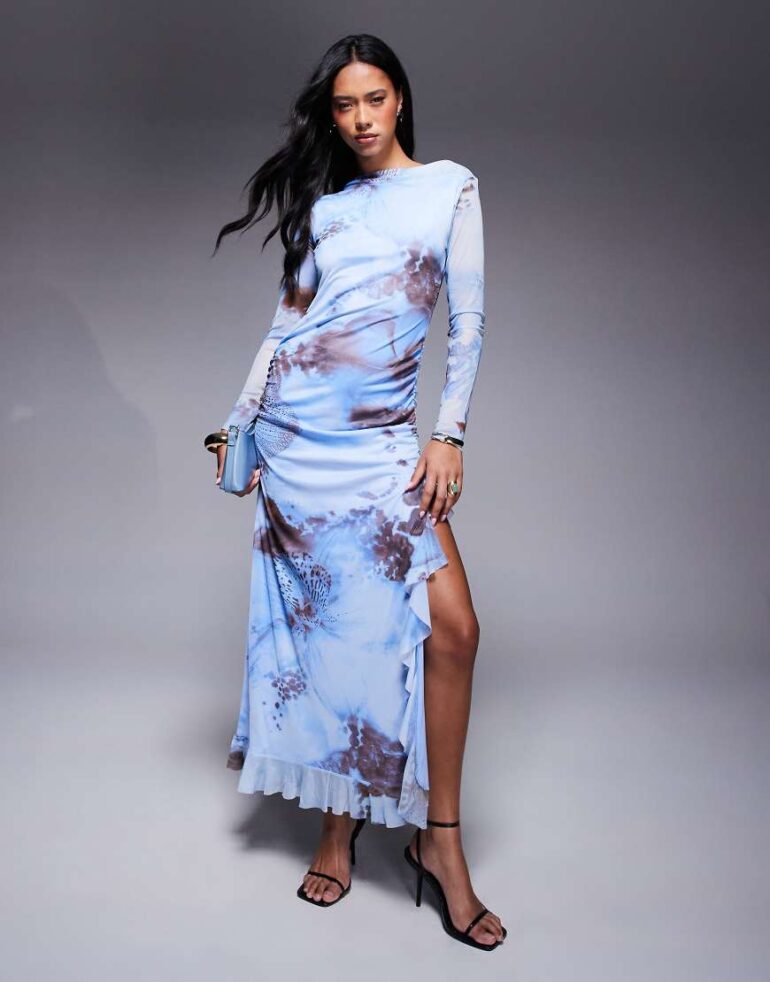 ASOS DESIGN mesh long sleeve frill detail a line maxi dress in blue floral print-Multi