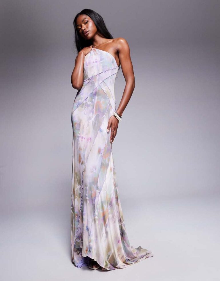 ASOS DESIGN mesh one shoulder exposed seams maxi dress with full hem in blurred lilac floral print-Multi