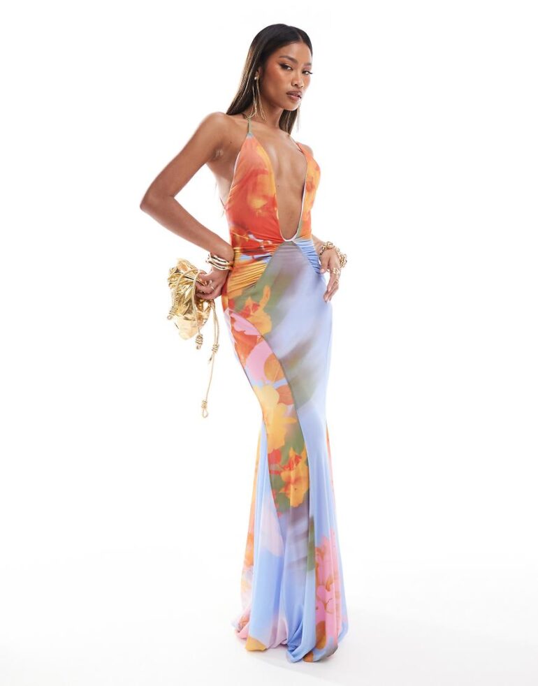 ASOS DESIGN mesh plunge maxi dress with full godet skirt in abstract floral print-Multi