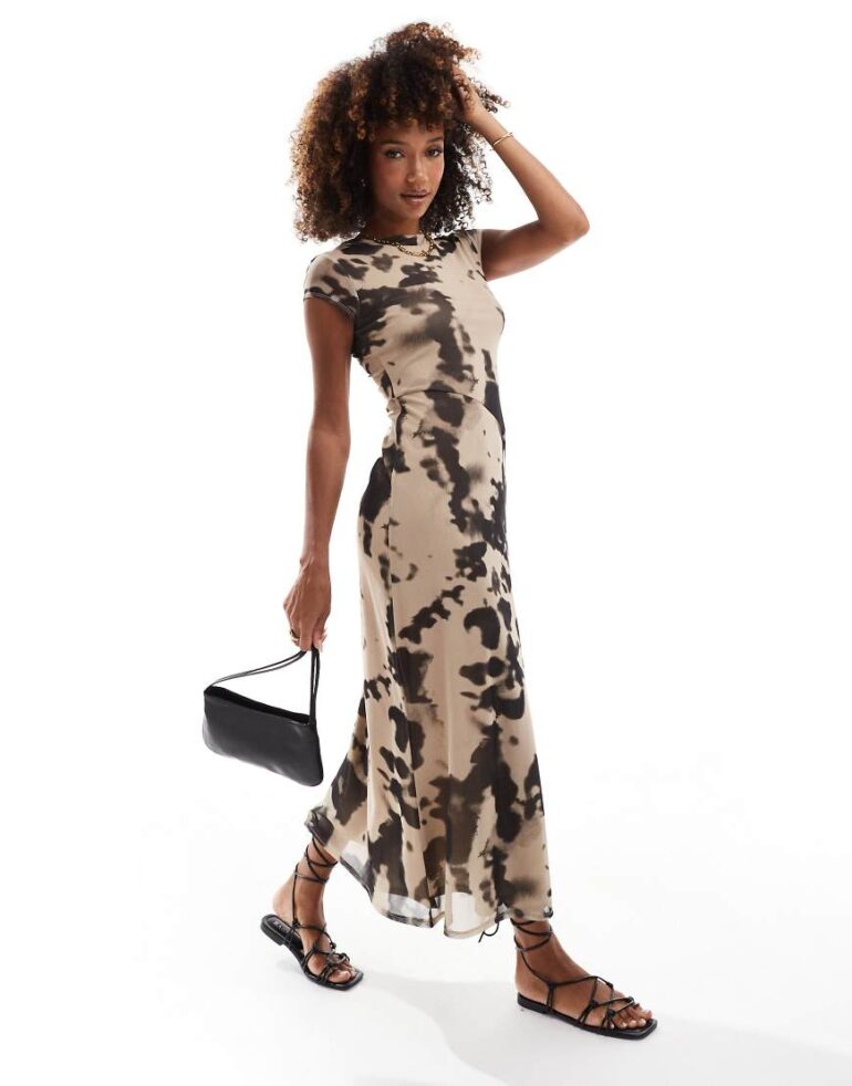 ASOS DESIGN mesh seam detail midaxi full skirt dress in cow print-Multi