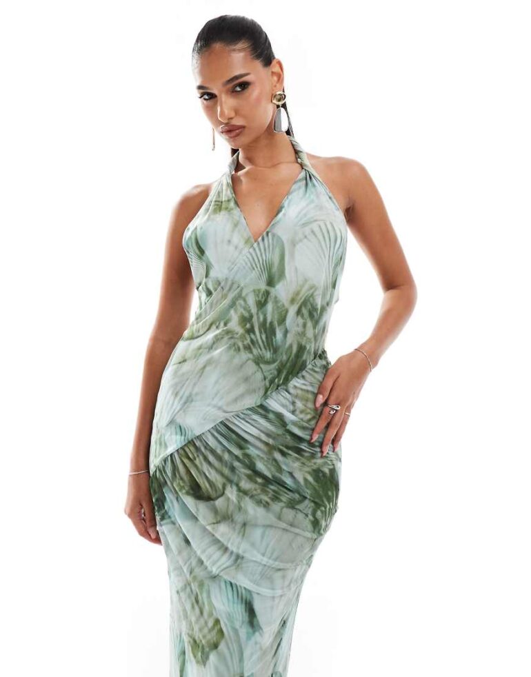 ASOS DESIGN mesh twist halter maxi dress with drape bodice in tonal green shell print-Multi