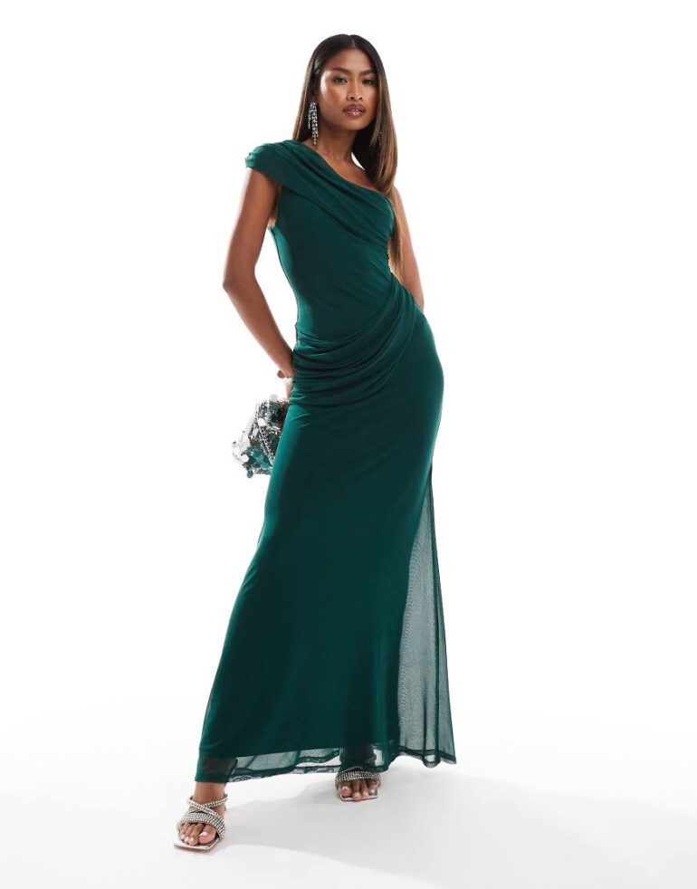 ASOS DESIGN mesh twist one shoulder maxi dress with hitched skirt detail in bottle green