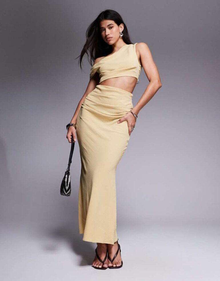 ASOS DESIGN off shoulder fauxord midi dress in pale yellow