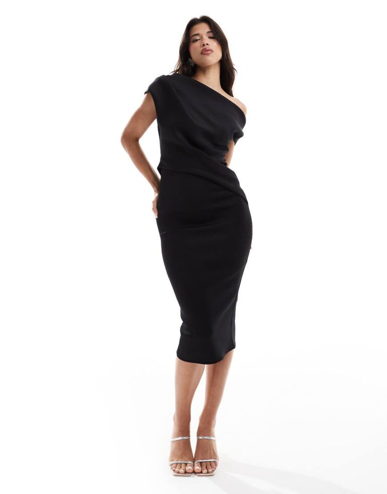 ASOS DESIGN off shoulder pleat waist detail pencil midi dress in black-No colour