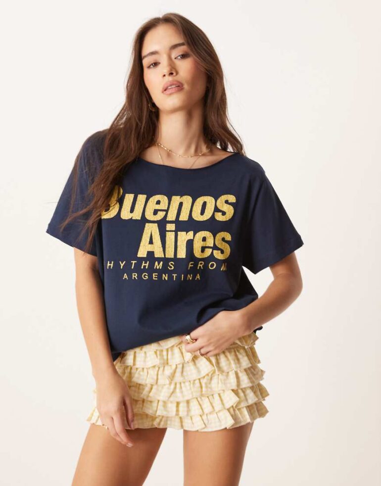 ASOS DESIGN off shoulder tee with buenos aires graphic in navy
