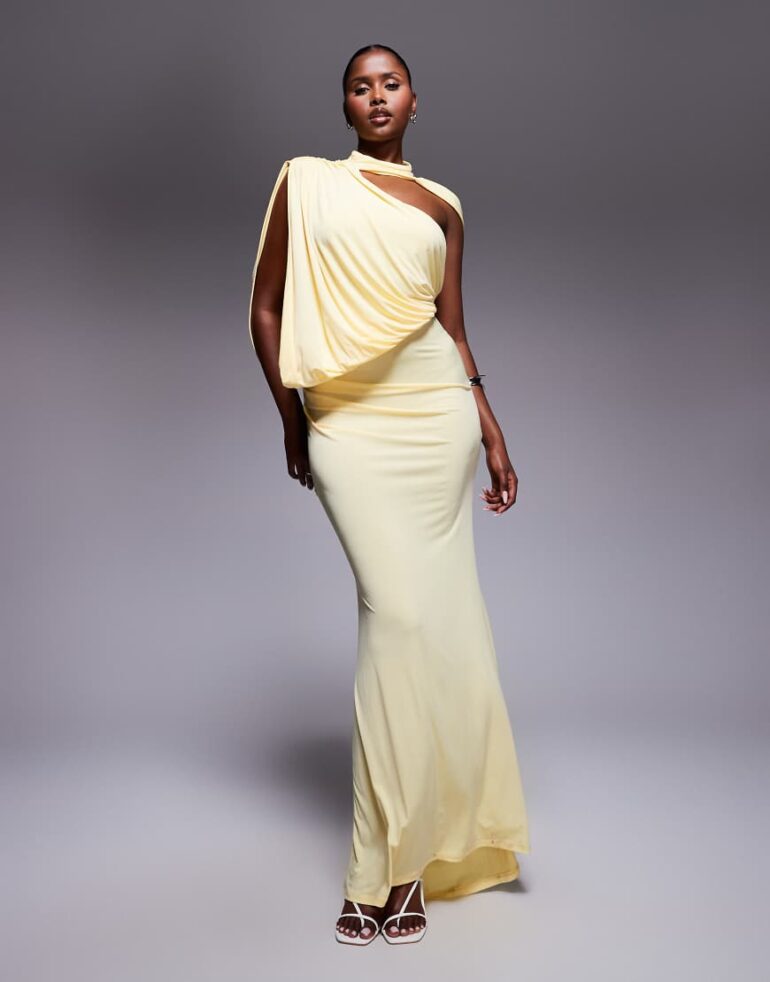 ASOS DESIGN one shoulder drape maxi dress with cape detail in buttermilk yellow