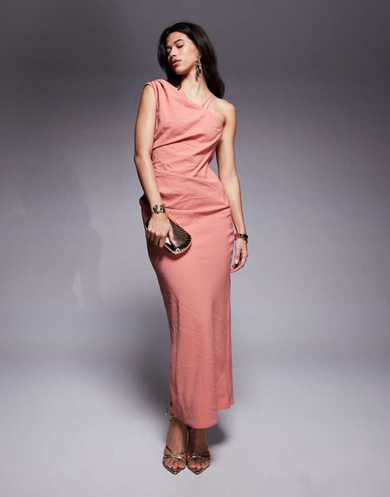 ASOS DESIGN one shoulder midi dress with back trim detail in pink
