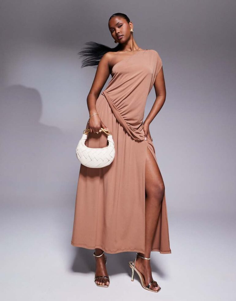 ASOS DESIGN one shoulder with ruching detail and side split maxi dress in mauve-Brown