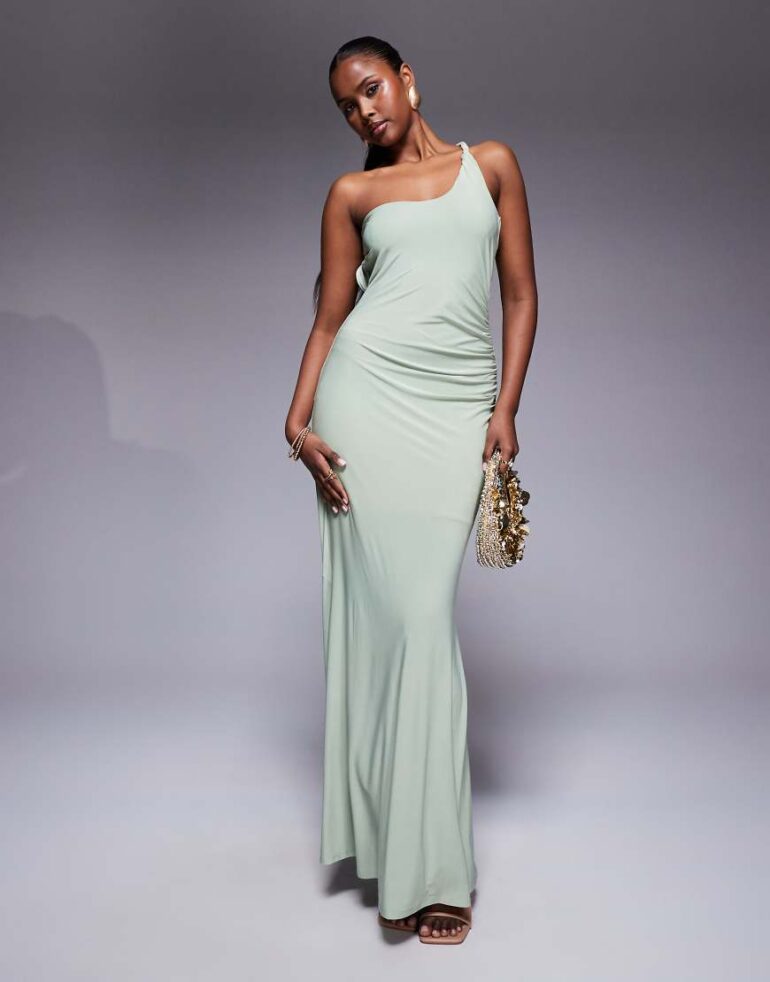 ASOS DESIGN one shoulder with ruching maxi dress in green