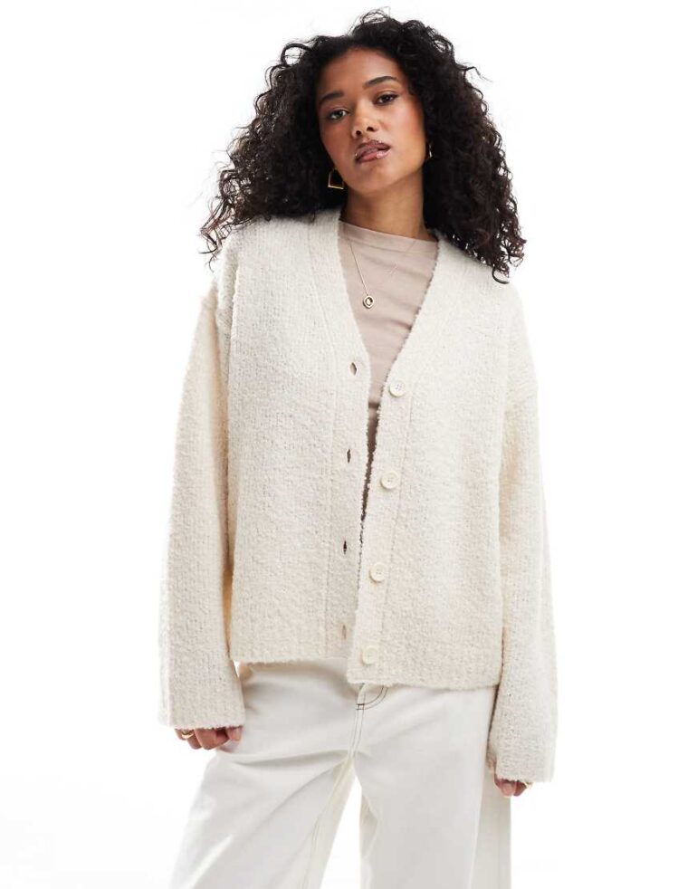 ASOS DESIGN oversized cardigan in boucle in cream-Navy