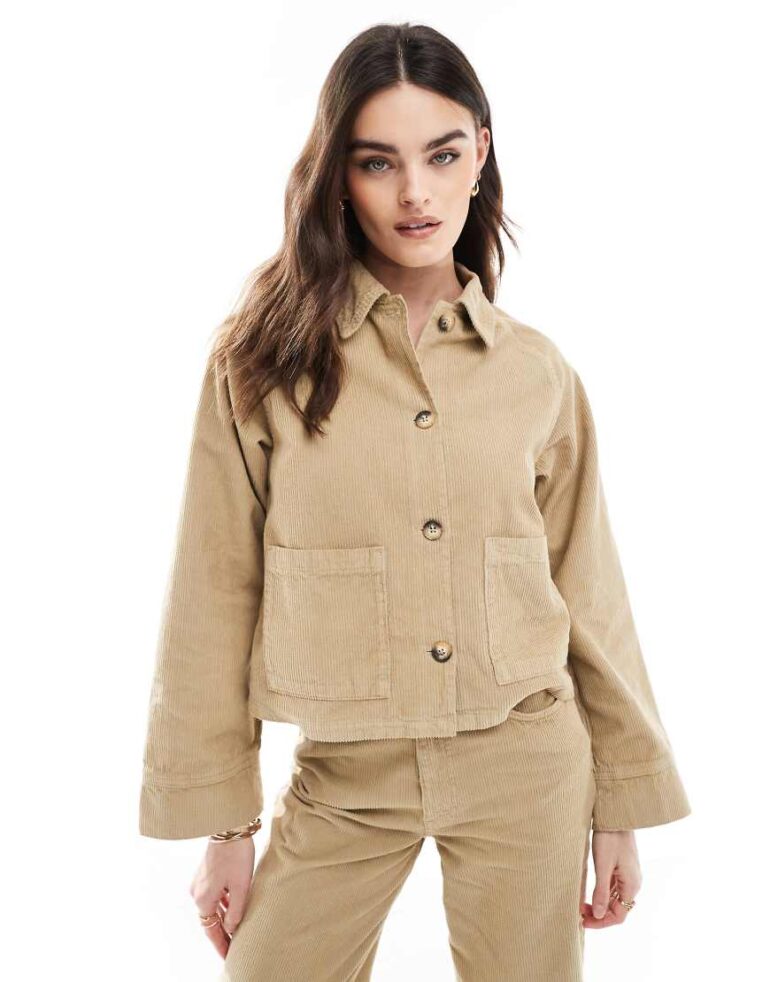 ASOS DESIGN oversized cord jacket with pockets in stone-Neutral