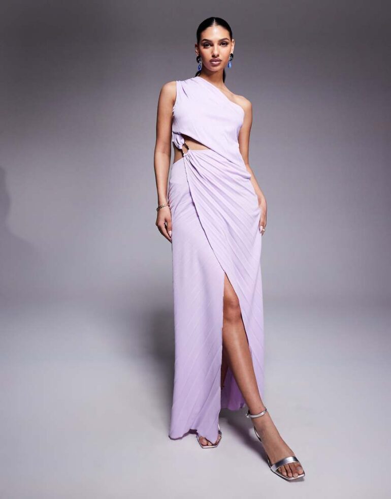 ASOS DESIGN pleated maxi dress with asymmetric one shoulder and twist skirt in lilac-Purple
