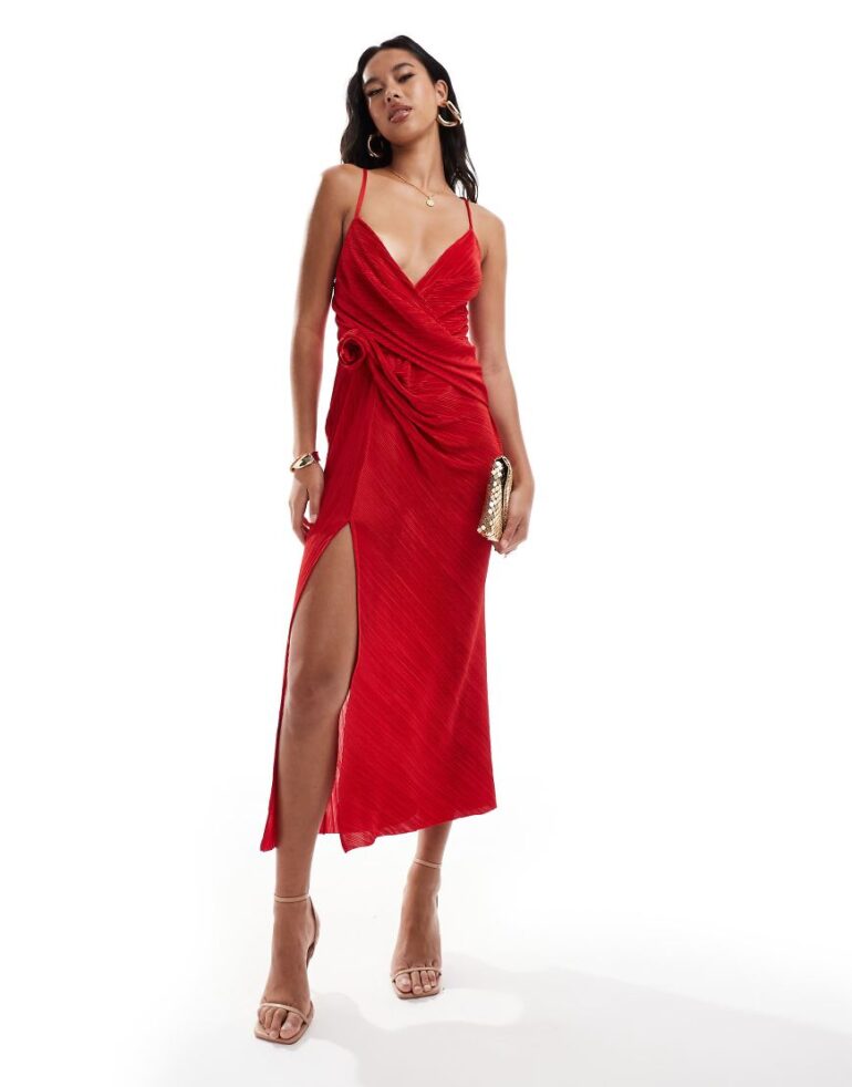 ASOS DESIGN plisse maxi cami dress with waterfall corsage front in red-No colour
